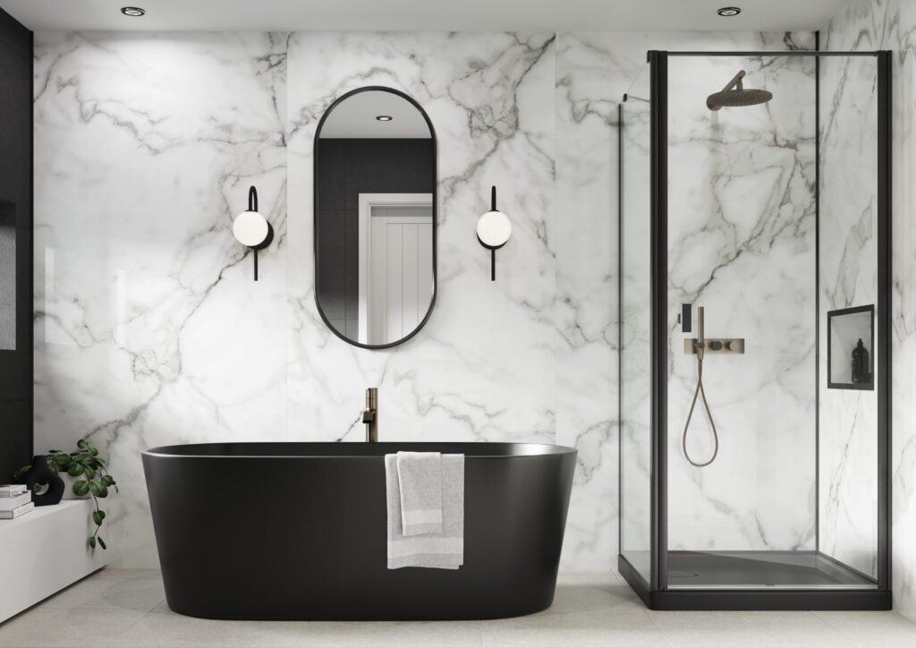 Black bath with dark trimmings. Marble effect Shower wall paneling in background